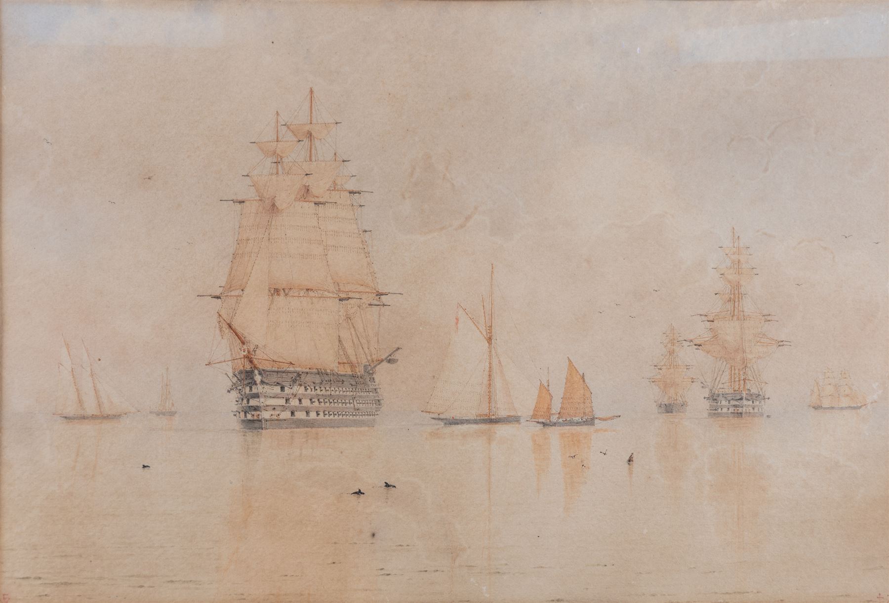 William Frederick Settle (Hull 1821-1897): Shipping on Serene Waters, watercolour signed with monogram and dated '74, 22cm x 33cm 
