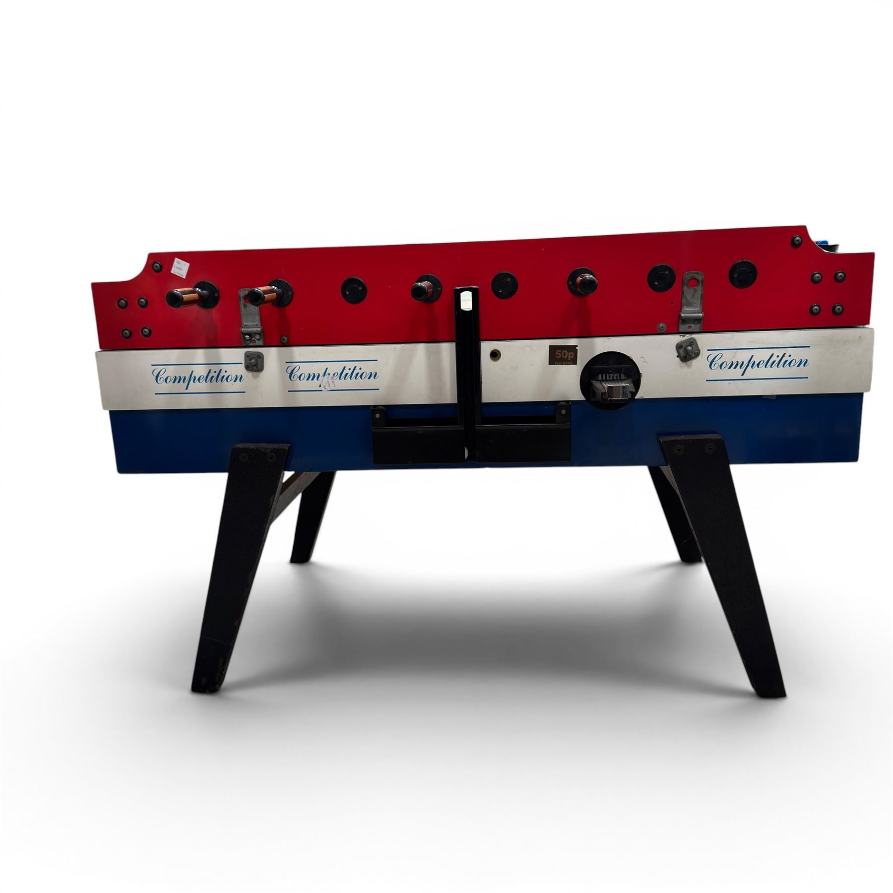 Garlando - vintage coin operated table football, tempered glass top, in red blue and white painted finish with 'Competition'  stencils, complete with ashtrays and score-trackers
