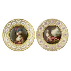 Two late 19th century cabinet plates in the manner of Vienna, both finely painted with a portrait of a female beauty, the first depicting Sarah Siddons within interlacing foliate and floral raised gilt borders upon white ground jewelled with small blue enamel dots, the second depicting Victoire of France seated beside a tree with her bow and arrows, within ornate gilt foliate border with trellis detail and painted pink roses upon white ground, signed 'Kies' and 'Kieli' respectively, with red beehive marks, marked Germany and entitled Mrs. Siddons 10174 and Mme. Victoire 10172, D24cm