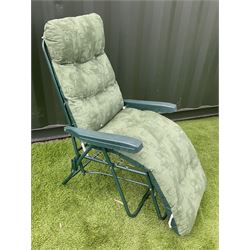 Pair of metal garden relaxer chairs, with green fabric cushions  - THIS LOT IS TO BE COLLECTED BY APPOINTMENT FROM DUGGLEBY STORAGE, GREAT HILL, EASTFIELD, SCARBOROUGH, YO11 3TX