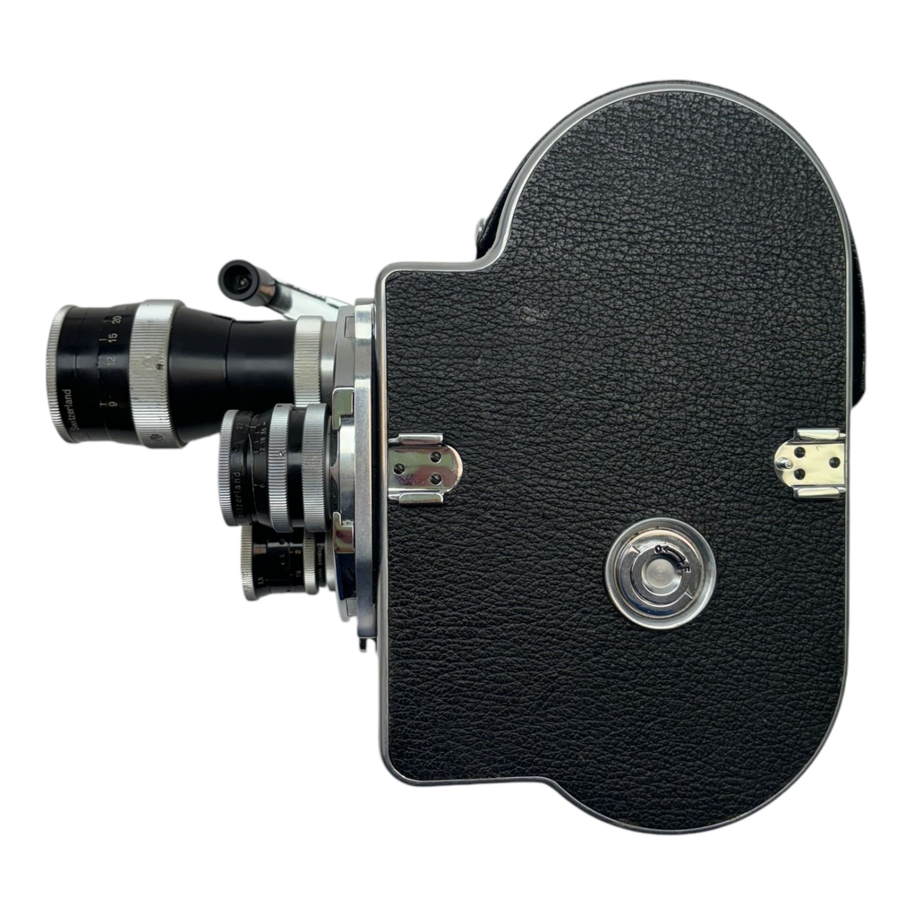 Paillard Bolex cine camera, with three lenses; YVAR 1:2.5 f=75mm AR no. 64352, Switar 1:1.4 f=25mm AR no. 77066 and YVAR 1:2.8 f=16mm AR no. 184953, in fitted case with brochure, other ephemera and accessories 