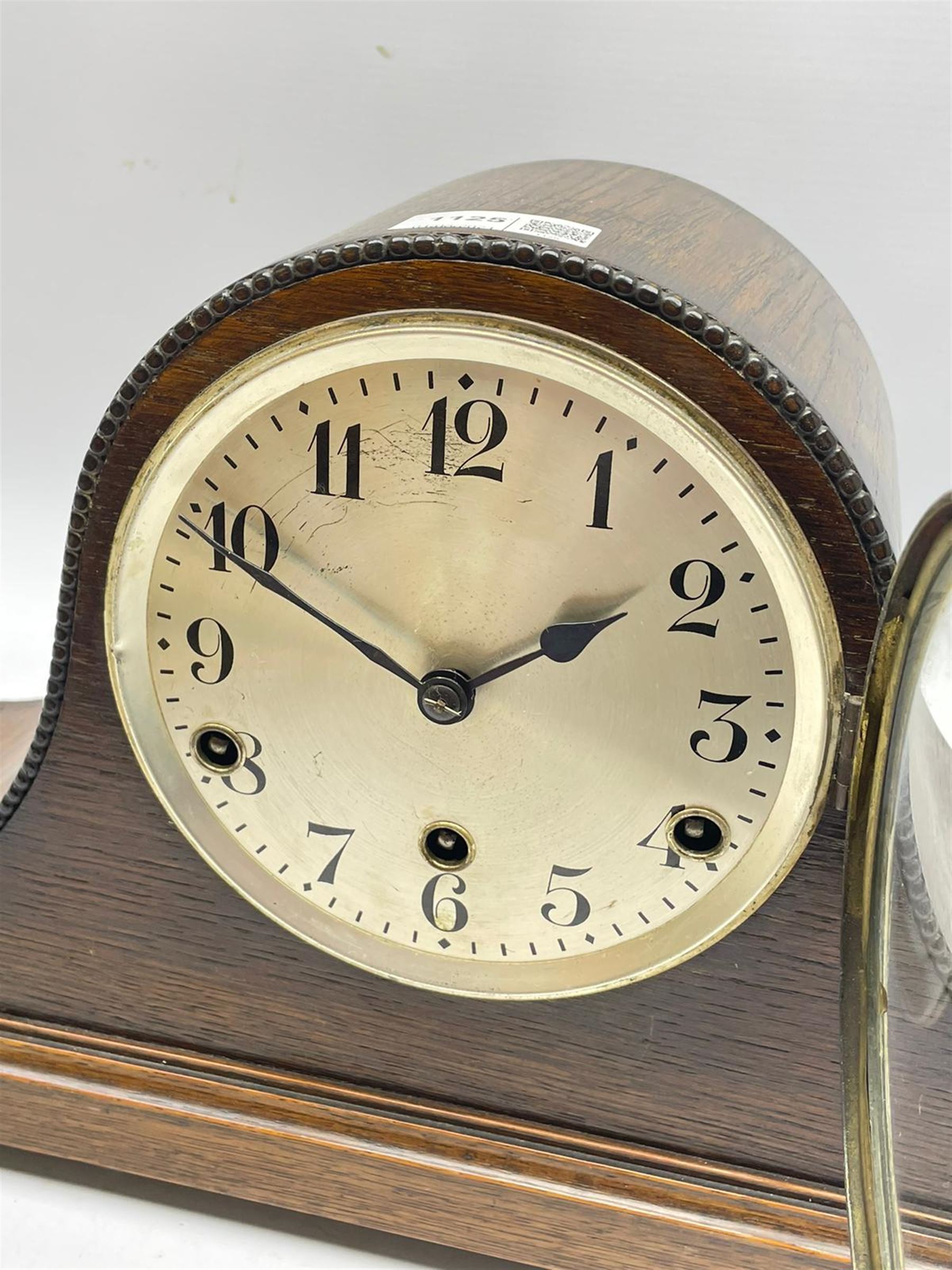 Early to mid 20th century oak mantel clock, silvered Arabic dial, triple train driven quarter Westminster chiming movement