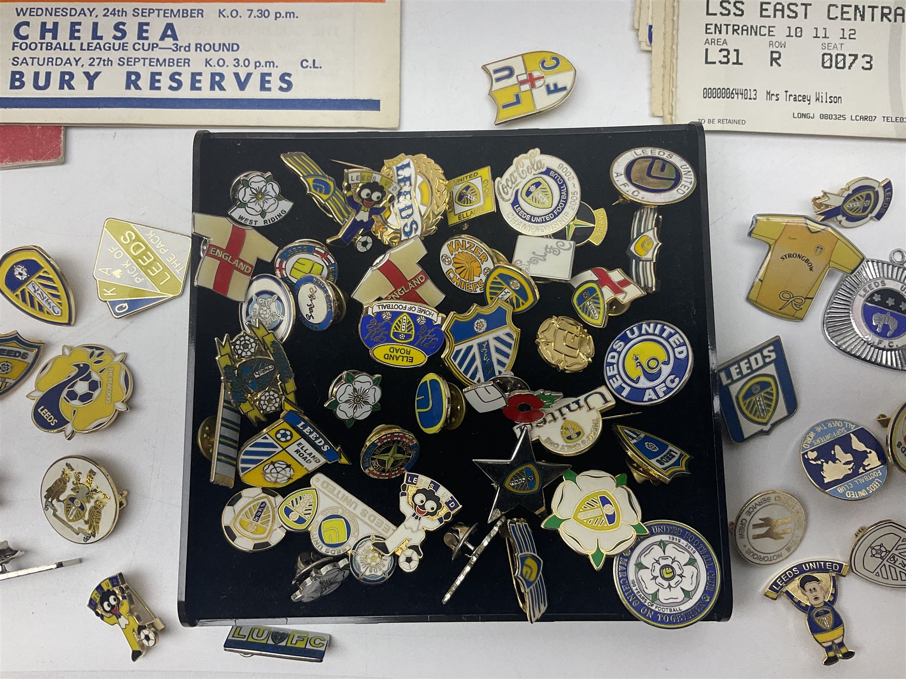 Leeds United football club - football association challenge cup competition final Saturday 11th April 1970 Chelsea vs Leeds United at Wembley programme, football association charity shield Saturday 10th August 1974 Leeds United vs Liverpool programme, various supporters pin badges, scarf for the league 1 playoff final Wembley stadium 25th May 2008, Danbury Mint 'Great Moments in the History of Leeds United' leather bound collectors edition, various used home game tickets etc