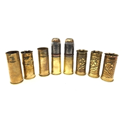  WW1 trench art - eight 37mm brass shell cases comprising set of three with embossed floral decoration inscribed Arras, another similar also inscribed Arras, pair with chased floral decoration inscribed KRRC B Company Yeoman Rifles Somme and pair of inert VSM shells H13.5cm (8)  