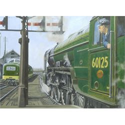 Brian Lister (British 20th century): Locomotive 'Scottish Union' 60125 Leaving Leeds Central Station, oil on board unsigned, label verso 50cm x 66cm