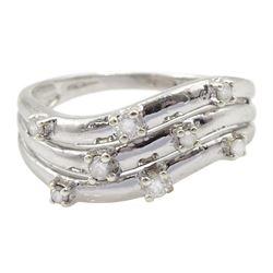 9ct white gold three row eight stone diamond ring, hallmarked