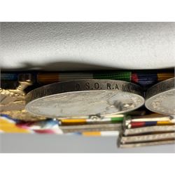 South Africa/WW1 Distinguished Service Order group of seven medals comprising D.S,O. with original ribbon bar and top bar slider, Queens South Africa Medal with three clasps for Defence of Kimberley, Orange Free State and Transvaal, Kings South Africa Medal with two clasps for South Africa 1901 & 1902 awarded to Capt. C.J. O'Gorman D.S.O. R.A.M.C., 1914-15 Star, British War Medal and Victory Medal with MID oak leaves awarded to Major (later Lt. Col.) C.J. O'Gorman D.S.O. R.A.M.C. and Kimberley Star 1899-1900; together with copies of research and biographical material