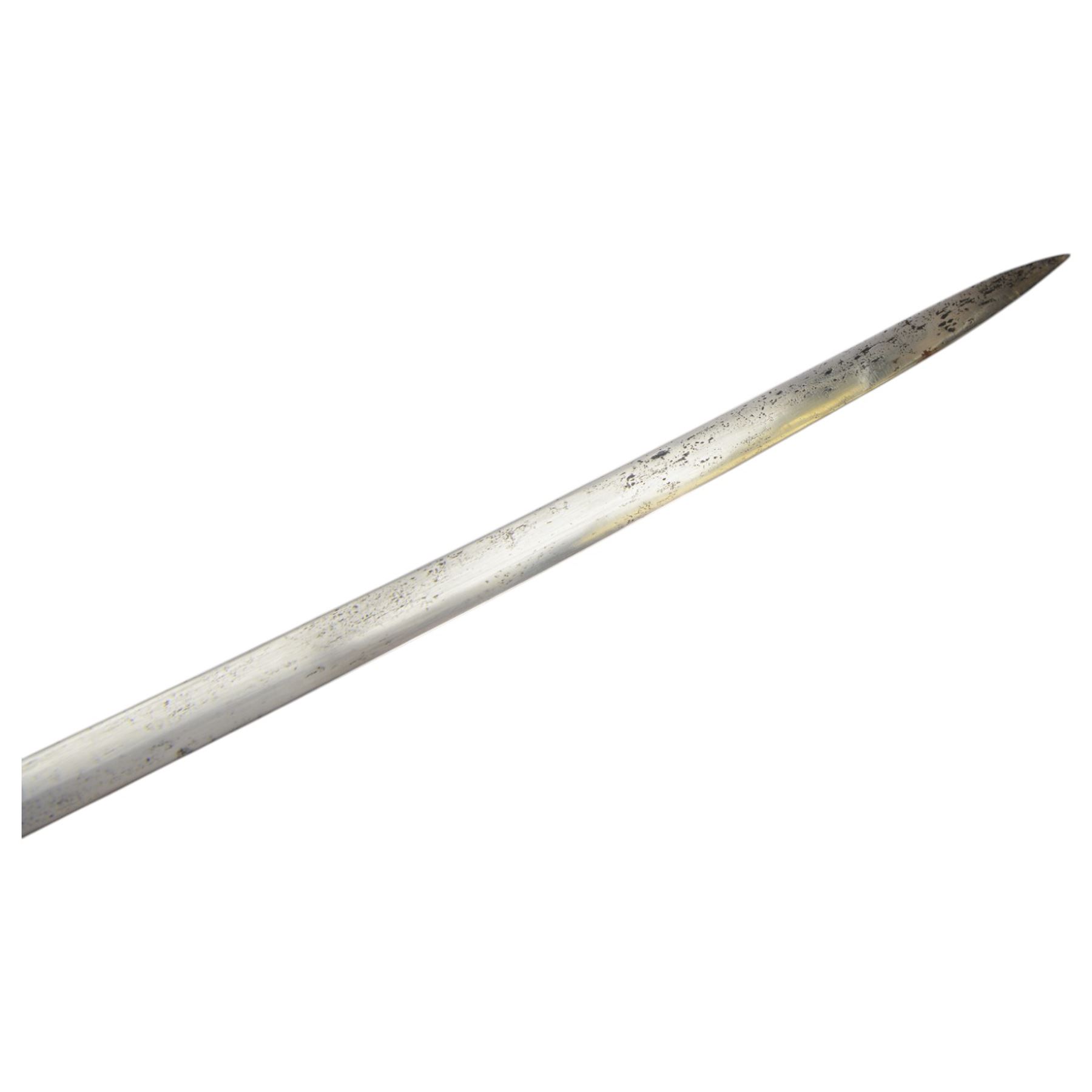 Dutch infantry officer sword with wire bound grip lion pommel and single bar hilt, single edged fullered blade marked 'Yzerhouwer', in black metal scabbard, blade L96cm, overall L110cm