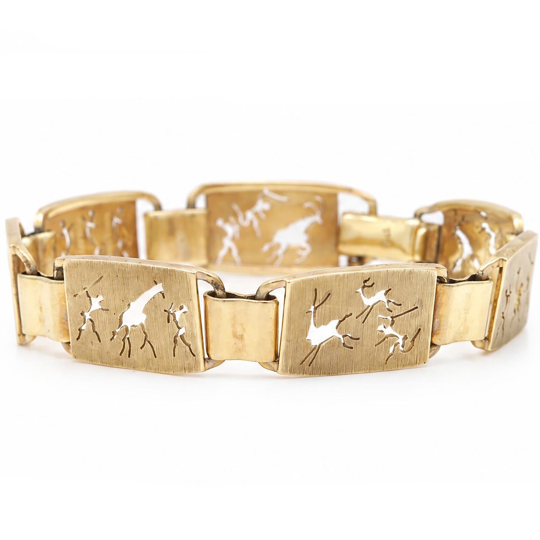 Gold seven panel bracelet, each with pierced design hunting scene decoration, stamped 9ct