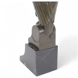 Bronze figure of a stylised eagle owl upon a marble base, H25cm 