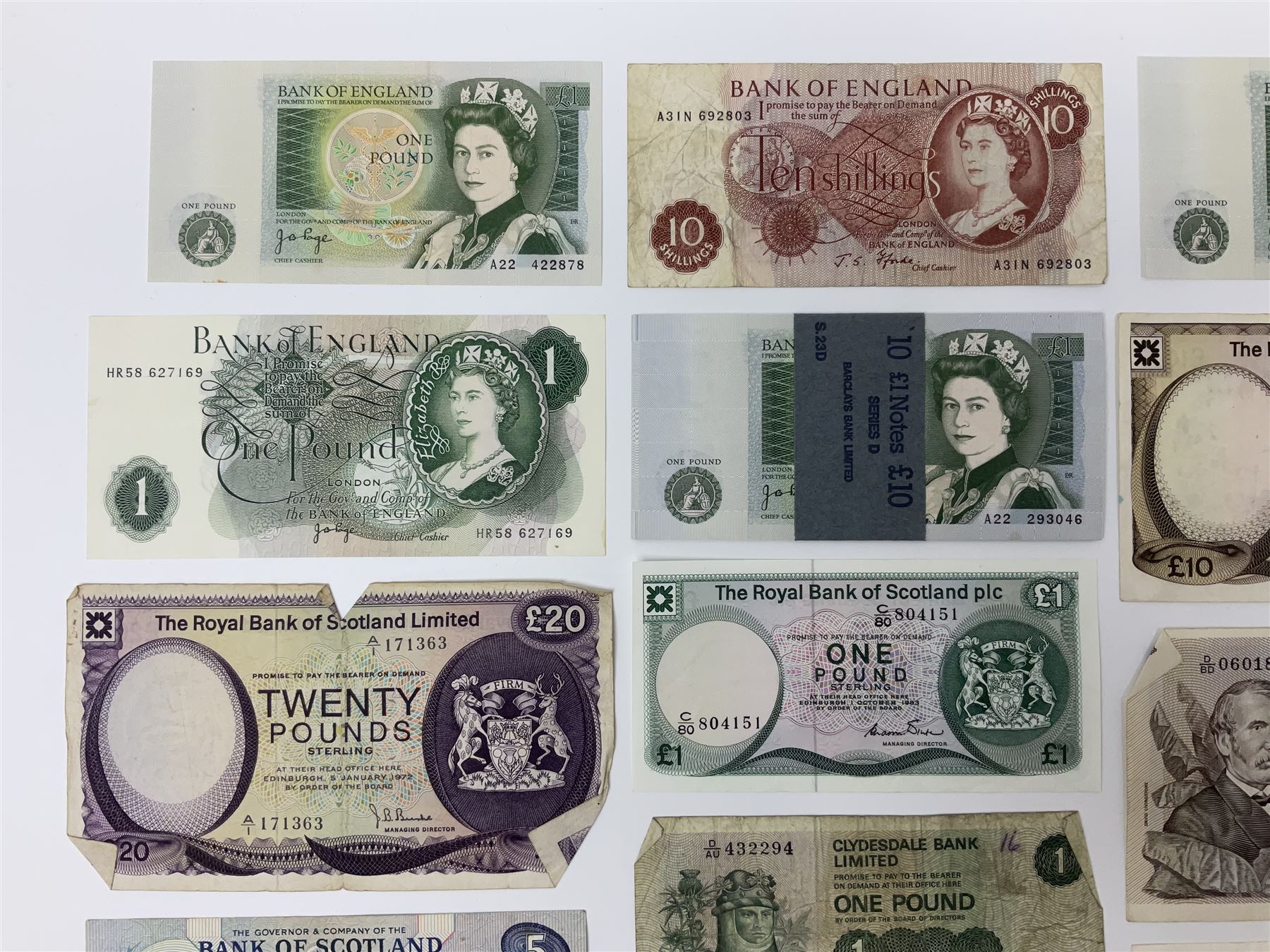 Banknotes including Bank of England Page Series D one pounds, other one pound notes, various The Royal Bank of Scotland Limited denominations, Clydesdale Bank Limited ten pounds 31st January 1979 ‘D/BD 060182’ etc 