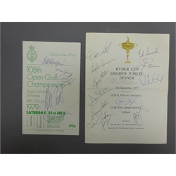  1977 Ryder Cup Golf Golden Jubilee Dinner Menu signed Ed Sneed, Hale Irwin, Ray Floyd, Jack Nicklaus etc, 1979 108th Open Champs Order of Play signed Peter Oosterhuis, Hale Irwin, and others, two Curtis Cup 2000 entrance tags  