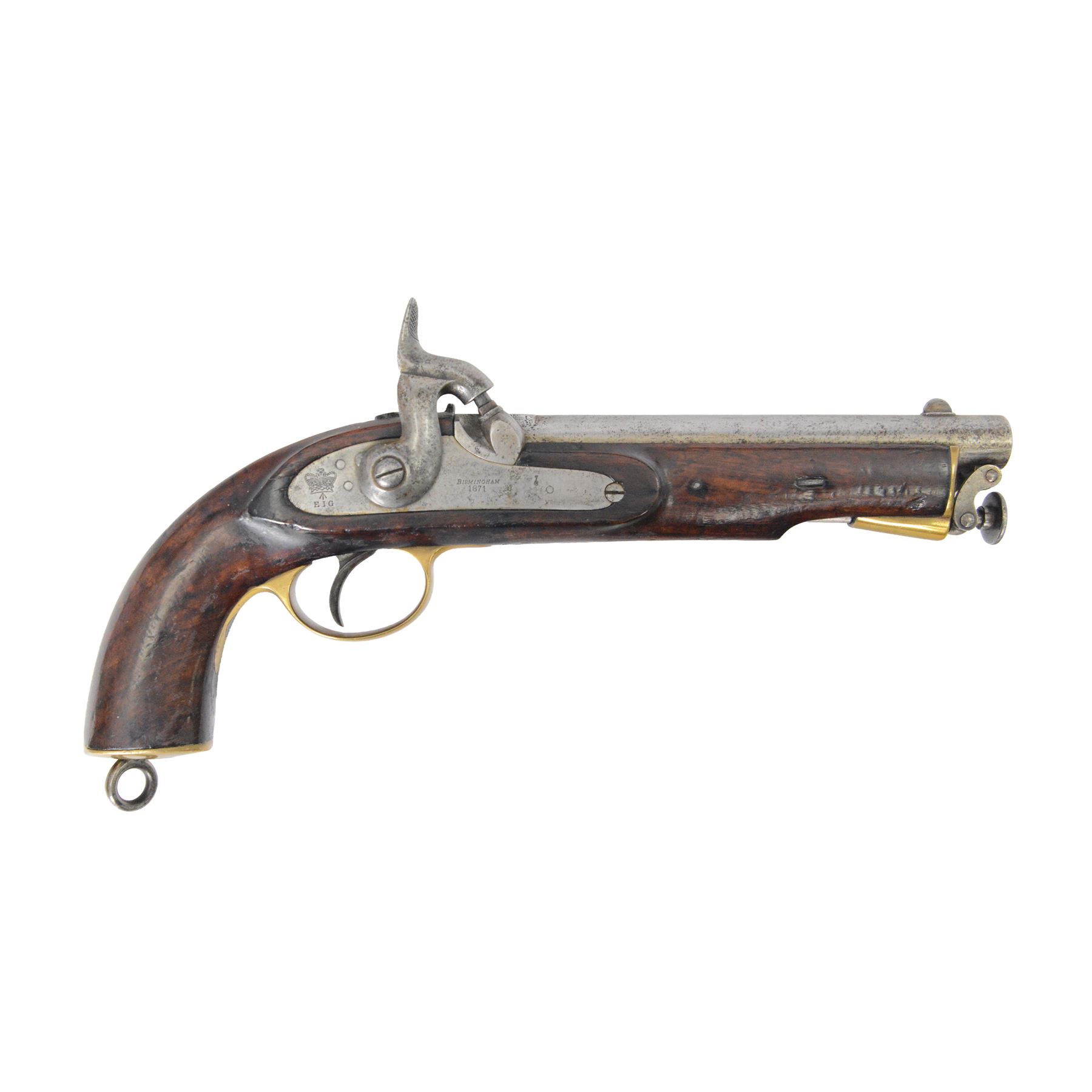 Cavalry Pistol, East India Government, 1871, with 8in smoothbore barrel, lock marked 'E.I.G.' and 'BIRMINGHAM 1871', crown and broad arrow device at tail, walnut full-stock with brass furniture, the left side marked 'JOSEPH SMITH' and stamped with a 'BIRMINGHAM E.I.G.' roundel, fixed lanyard ring at heel and iron ramrod, overall L35cm