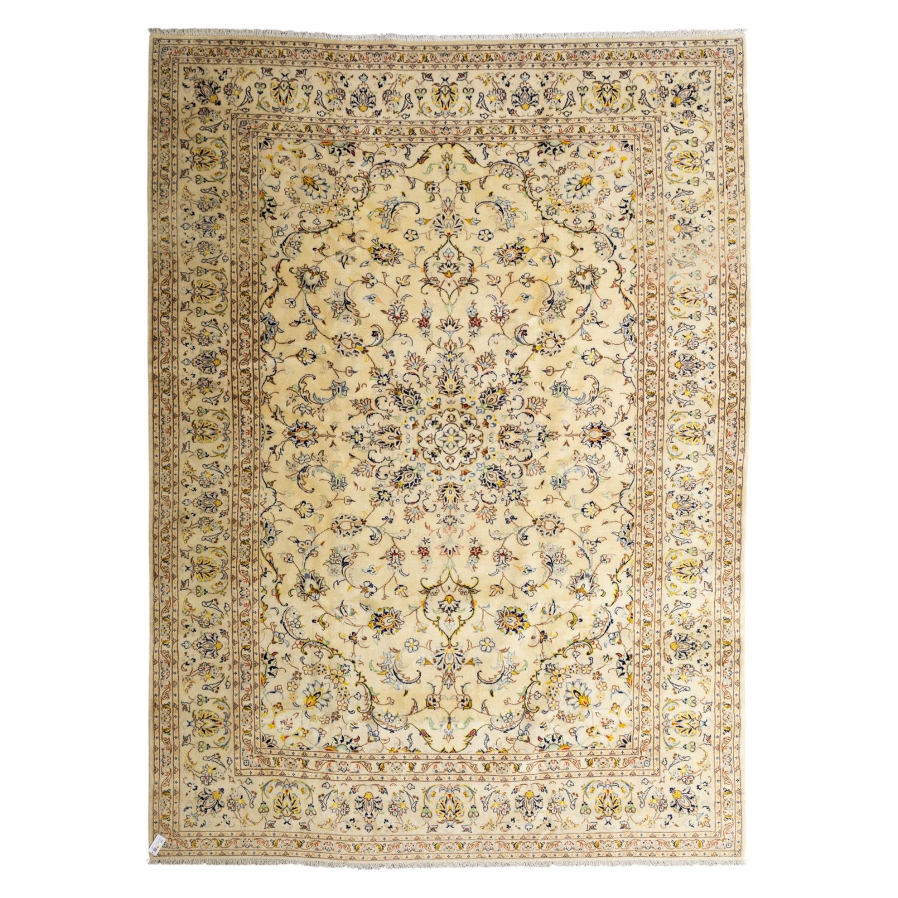 Central Persian Kashan hand-knotted carpet, ivory ground, with a central shaped floral medallion with pendants, surrounded by scrolling foliate and floral motifs incorporating rosettes, palmettes and delicate vine work, enclosed by a conforming ivory border with repeating palmettes and meandering vines, flanked by floral guard stripes, with cotton fringes