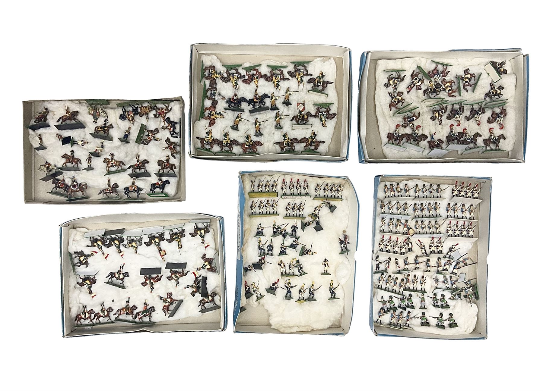 Painted metal wargame figures - over two hundred Lancers, Chasseurs, Dragoons, Cuirassiers, Carabiners, Imperial Guard, Bavarians, Line and Light Infantry etc; individual figures and ranks of two, three and four; average size 25mm