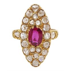 18ct gold oval cut ruby and rose cut diamond marquise shaped ring, ruby approx 1.00 carat, total diamond weight approx 1.50 carat