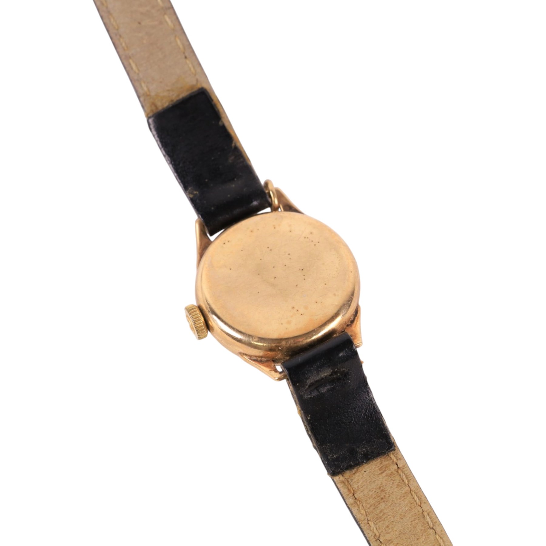 Omega ladies 9ct gold manual wind wristwatch, hallmarked, on leather strap