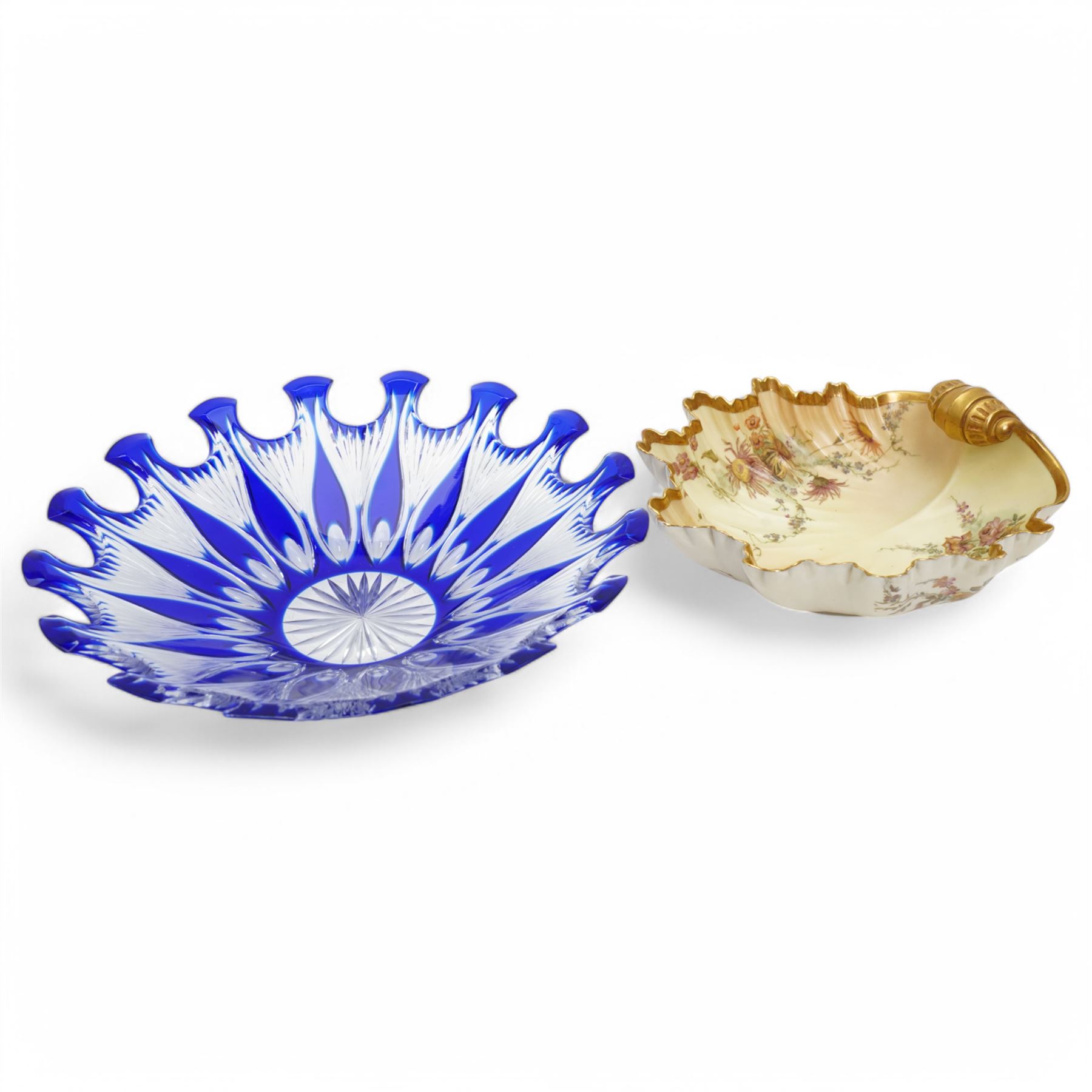 Bohemian glass bowl with blue decoration, together with a Royal Worcester blush ivory shell form bowl, marked to base, glass bowl D31cm (2)