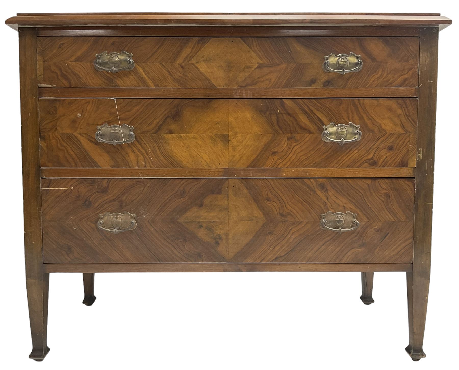 Early to mid-20th century walnut chest, fitted with three graduating drawers with bookmatch veneer facias, raised on square tapering supports