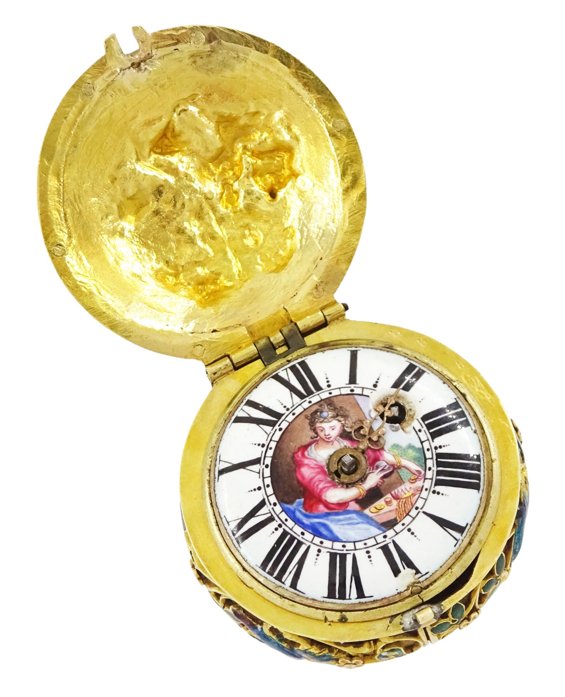 18th century 18ct gold fusee lever full hunter repousse pocket watch with later 19th century modifications to the movement, the 18th century case depicting figures in front of a tree with sheep in the background and enamelled leaf surround, the reverse depicting a classical scene with figures and horses, the side with enamelled bird and foliate decoration, 18th century polychrome dial with gilt hour hand, Roman numerals and quarter hour markers.