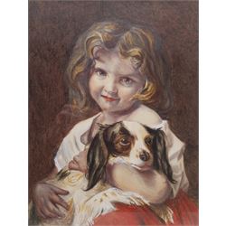 English School (19th/20th century): Girl with Spaniel, watercolour indistinctly signed 24cm x 18cm