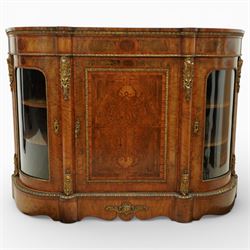Late Victorian figured walnut credenza, the shaped demi-lune top with cross-banding and st...