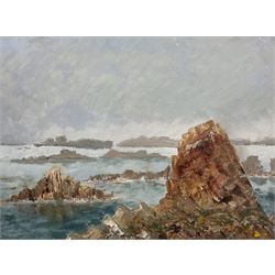 Margaret Oldfield (British 20th century): Scilly Isles, impasto oil on board, signed on label verso 27cm x 37cm 