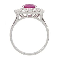 18ct white gold oval mix cut ruby, tapered and round brilliant cut diamond cluster ring, stamped, ruby 1.94 carat, total diamond weight 0.88 carat, with World Gemological Institute Report