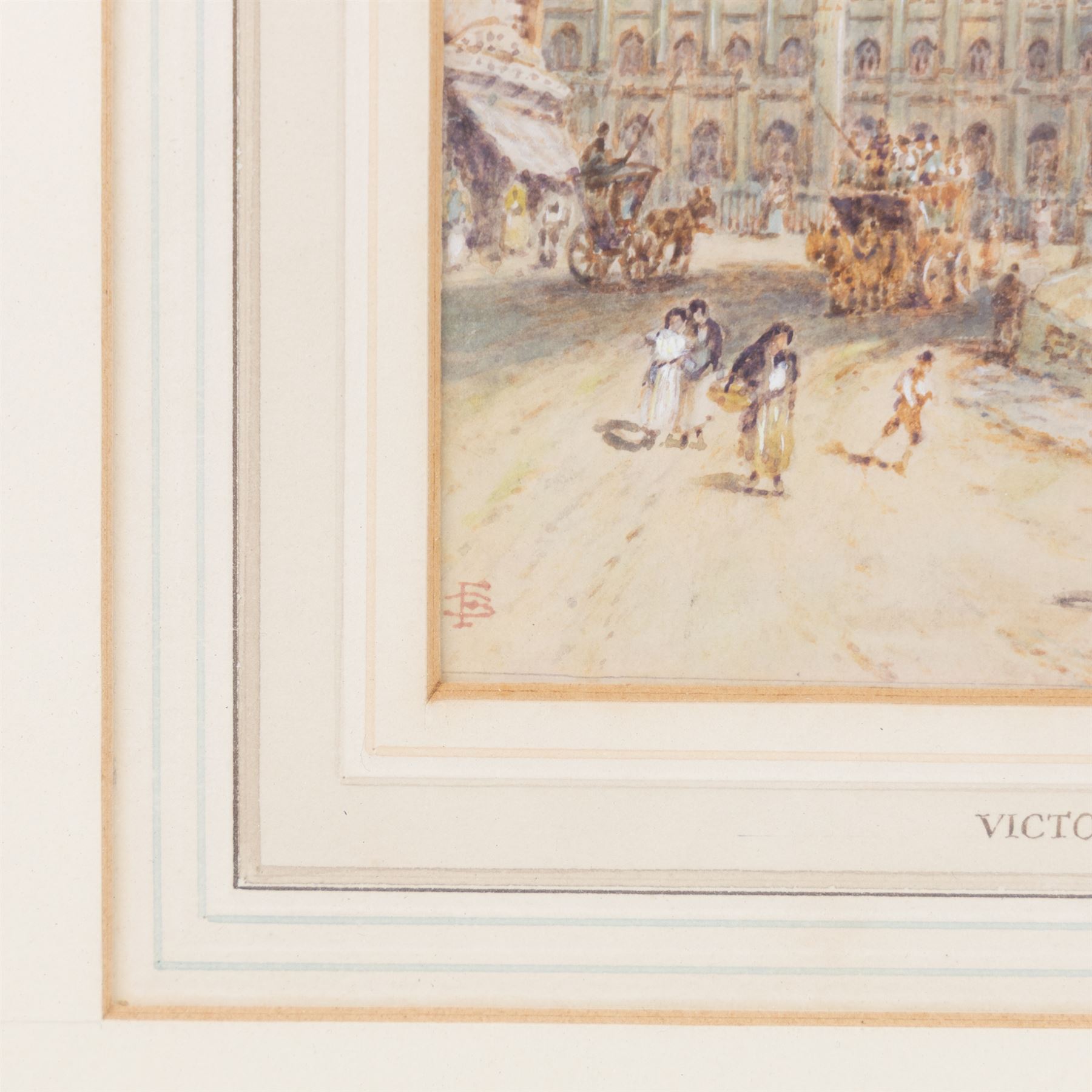 Circle of Myles Birket Foster RWS (British 1825-1899): 'Victoria Street Manchester', watercolour bearing monogram 13cm x 17cm
Notes: an almost identical picture appears on page 70 of H M Cundall's book about the work of Birket Foster, however there is a difference in the size 