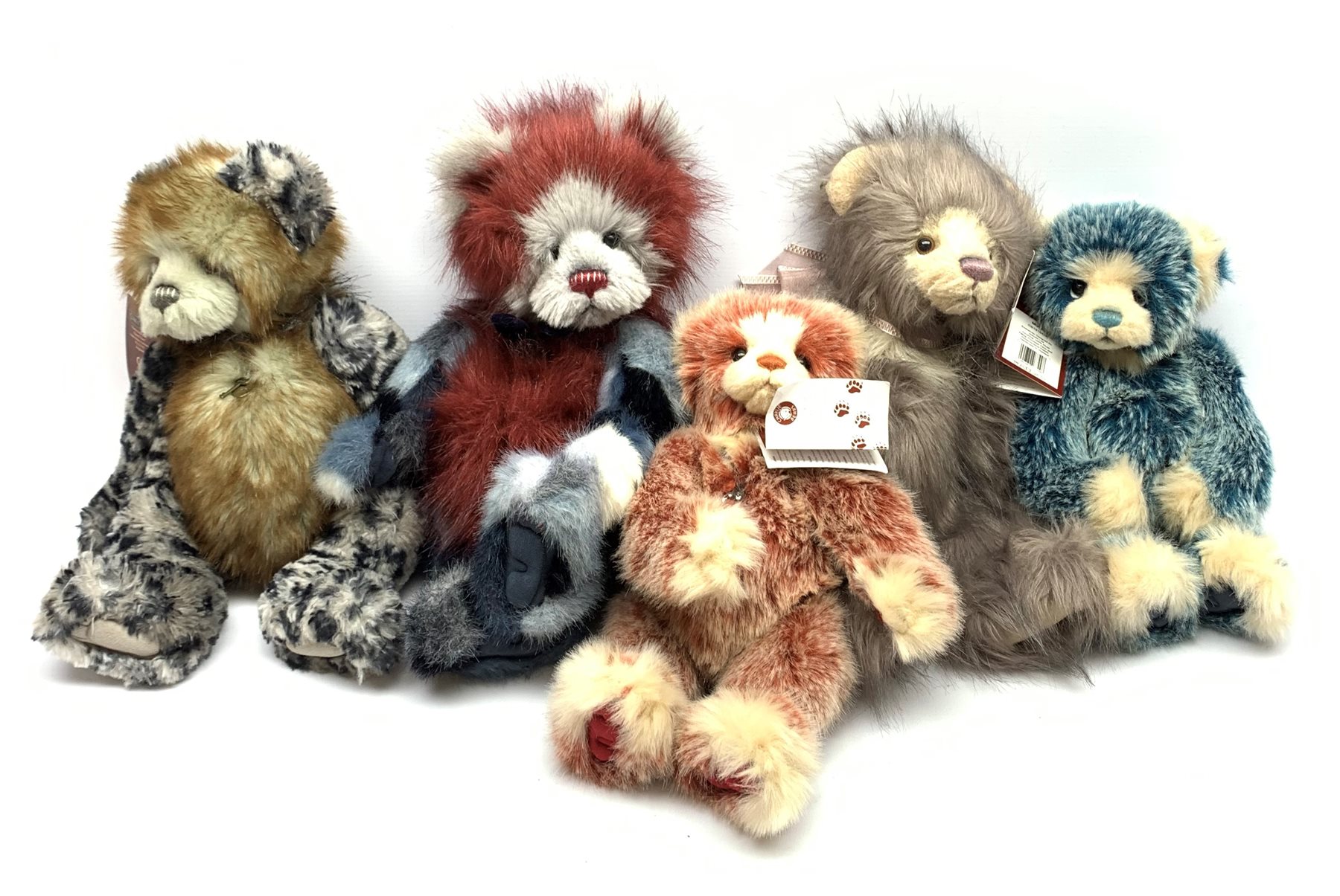 A group of Five Charlie Bears, designed by Isabelle Lee, comprising Jesse, Bakewell, Muffin, Bundle, and Tatum.