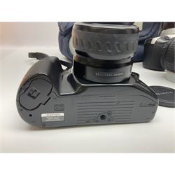 Four Minolta camera bodies, to include Dynax 500si, serial no. 94812651 with 'Signa Zoom 1;3.5-4.5 f=28-70mm' lens, Maxxum 300si, serial no. 97821665, with 'Tamron AF 80-210mm' lens and Dynax 300si, serial no 01603265'  with Minolta AF Power Zoom 35-80mm 1;4' lens, etc, together with Pantax MV1 camera bodies and other camera equipment 