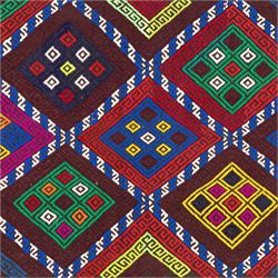 Central Asian Suzani kilim flatweave runner, decorated with a repeating diamond lattice enclosing polychrome geometric motifs within yellow key fret borders, fringe ends 