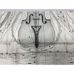 Hermès 'La Musique Des Spheres' silk scarf, designed by Zoe Pauwels in 1996, printed with a Viola Medici surrounded by musical motifs in black, on ivory white ground, with rolled hand stitched edges and Hermes material label, 87cm square