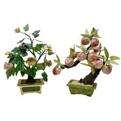 Two hardstone and soapstone models of bonsai trees, one in the form of a  peach tree, H36cm.  