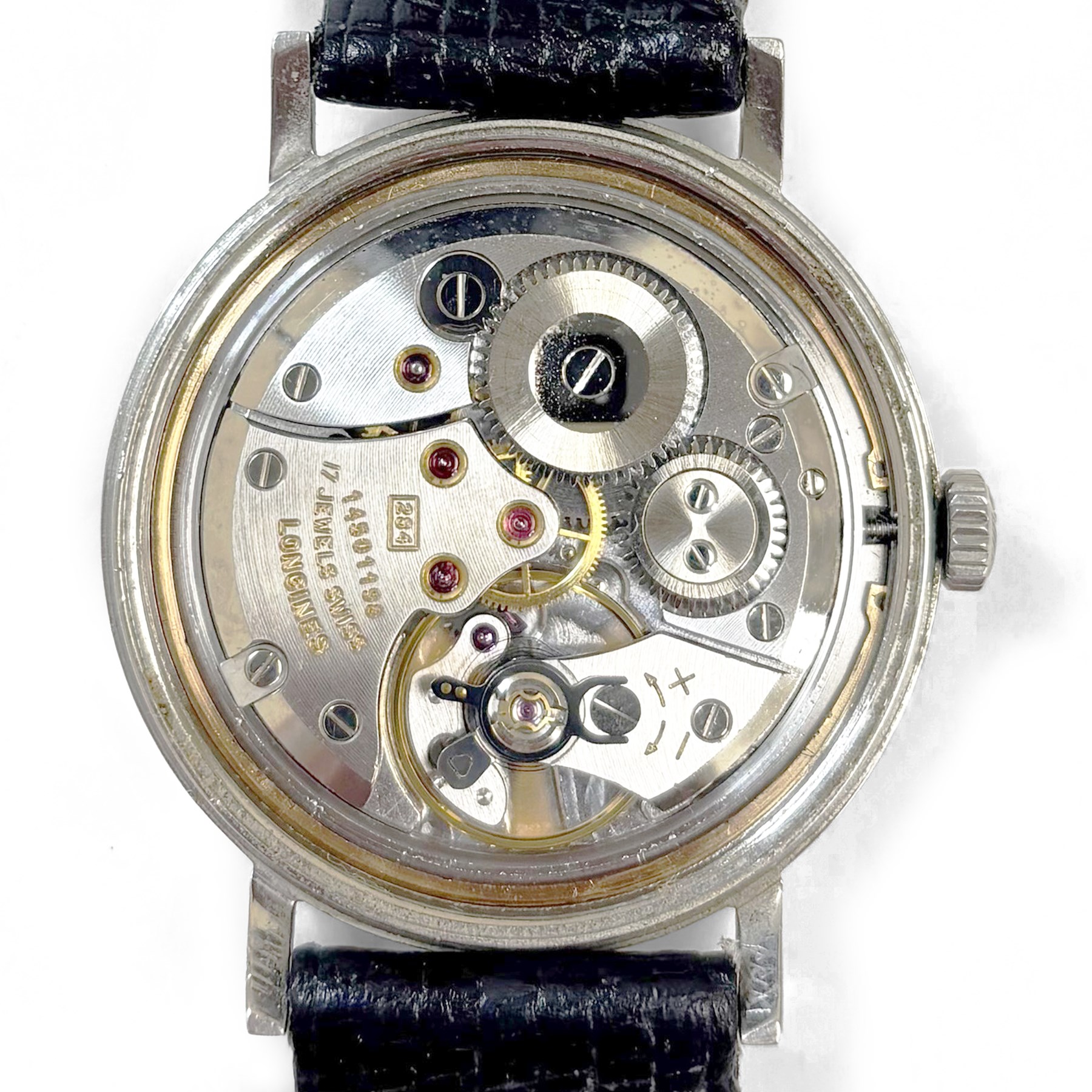 Longines gentleman's stainless steel manual wind wristwatch, circa 1960's, Ref. 7839 3, Cal. 284, silvered dial with baton and Arabic hour markers, on black leather strap
