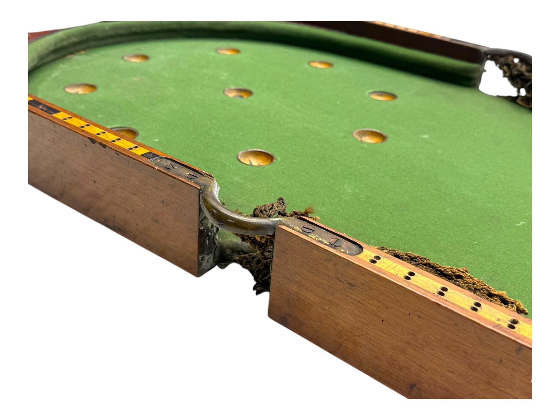 19th century mahogany cased bagatelle board, hinged case opening to reveal baize playing surface 