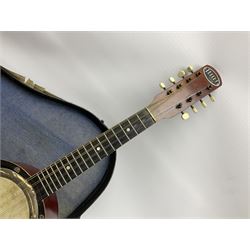 Dulcet eight-string banjo mandolin with mother-of-pearl inlaid ebonised fingerboard L55.5cm; cased; and Irish mahogany bodhran hand drum with inlaid stringing and vellum top D46.5cm; in soft carrying case with double ended beater (2)