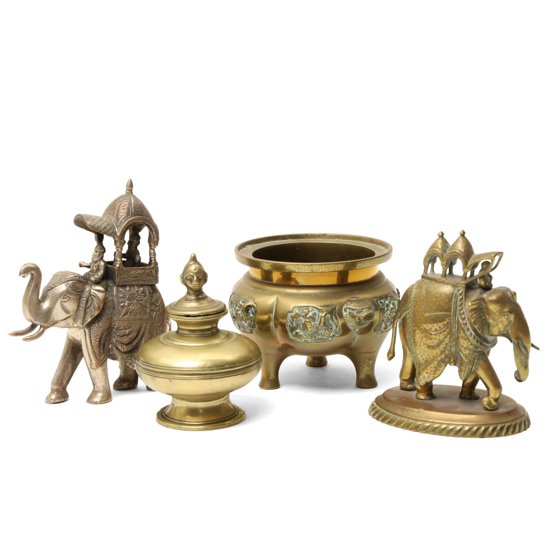 Asian bronze koro with raised decorative panels, two Indian elephants and one other Indian item