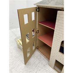 Georgian style paper lined wooden dolls house, three storey with wooden and plastic accessories and window fixtures, H90cm, W96cm, D52cm