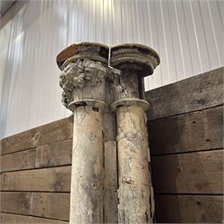 Large 19th century painted pine club shaped column, carved capitals with a cluster of three circular supports, flat back