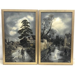 J R McD (19th century): Village scenes by Midnight, pair oils on board signed with initials and dated '98, 47cm x27cm (2) 