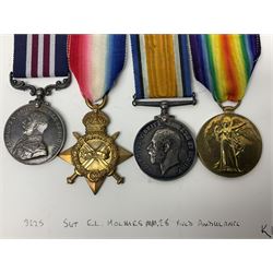 WW1 Military Medal KIA group of four comprising MM, British War Medal, 1914-15 Star and Victory Medal awarded to 32225 Pte. (later A.Sjt.) E.L. Holmes R.A.M.C., the MM inscribed 28F/A R.A.M.C.; all with ribbons; together with photocopied research material including newspaper article with presentation photograph, CWGC certificate,  London Gazette entry etc