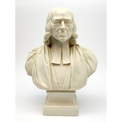 A Robinson and Leadbeater Parian Ware bust of John Wesley after Roubillac, H36cm. 