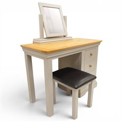 Modern bedroom suite comprising; a dresser, blanket box, bedside table, oak tops over a pale blue with wooden turned knobs

Dresser (H 77cm, D 48cm, W 107cm)
Blanket box (H 51cm, D 48cm W 91cm)
Bedside table (H 64cm, D 39cm, W 54cm)
