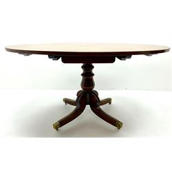 George III oval mahogany breakfast table, turned column on four shaped brass capped supports 