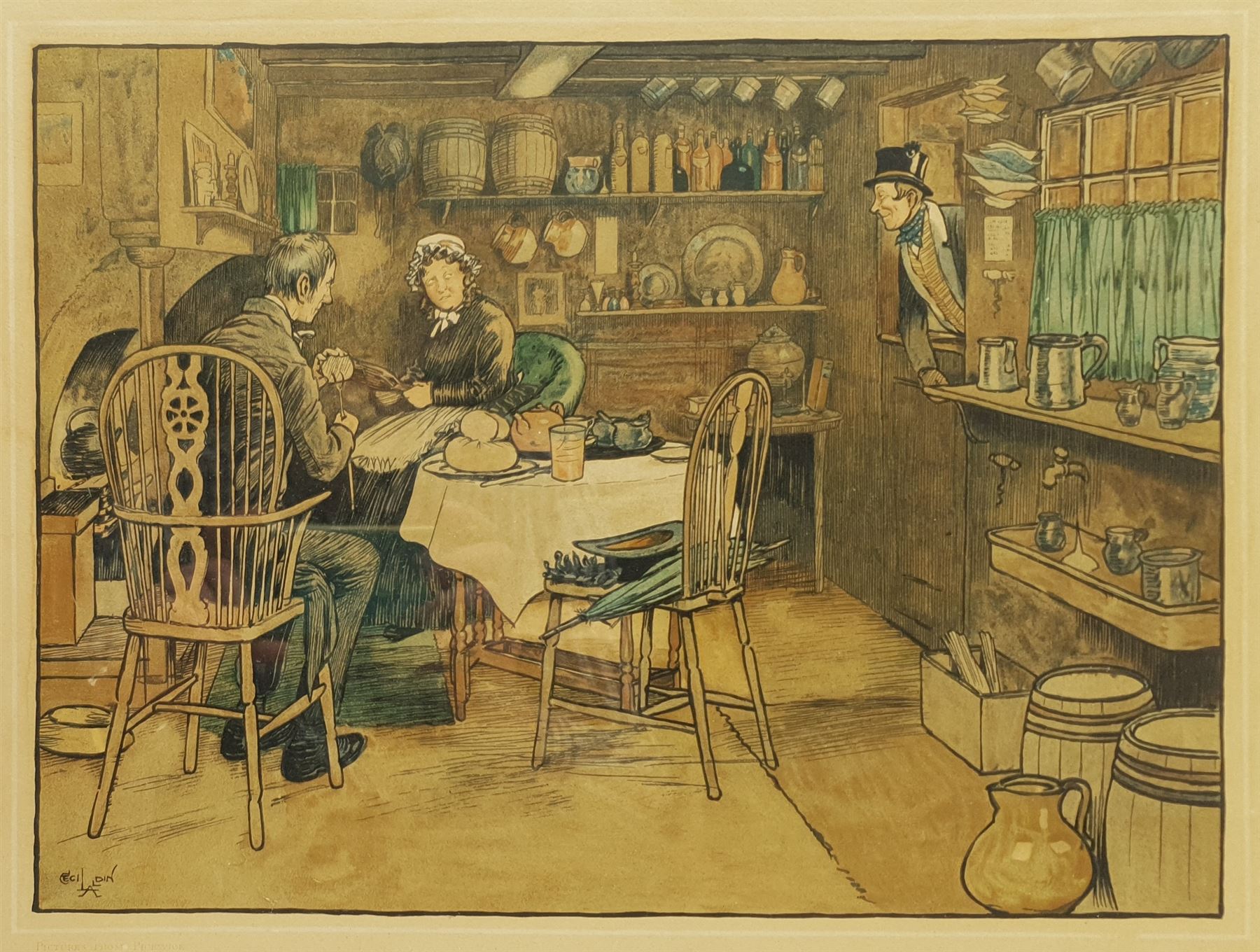 After Cecil Aldin (British 1870-1935), 'Sam Weller Meets his Mother in Law', chromolithograph from the 'Pictures from Pickwick' series pub. Lawrence and Jellicoe 30cm x 40cm; 'The Glasgow Coach', chromolithograph pub. Lawrence and Jellicoe c.1907, 27cm x 70cm (2)