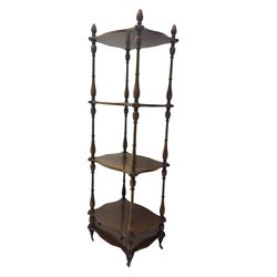 Late 20th century mahogany whatnot, four shaped tiers with turned supports, fitted with single drawer, on turned feet with brass castors
