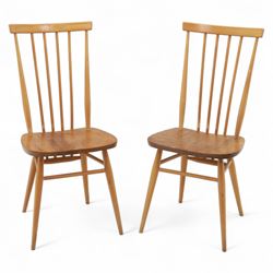 Ercol - Pair of high back Windsor kitchen chairs, elm seats with beech stick backs and legs, shaped saddle seats and turned stretchers