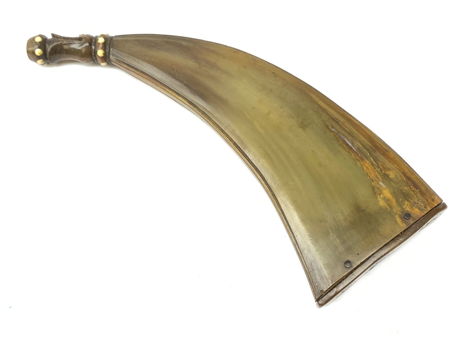 19th century Scottish flattened horn powder flask with ribbed decoration on outer edges, carved serpent's head mouth with bone inlaid collar, dot and ring decoration to base plate 27cm 