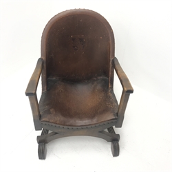 Early 20th century mahogany framed low armchair, upholstered and studded leather back and seat, W54cm
